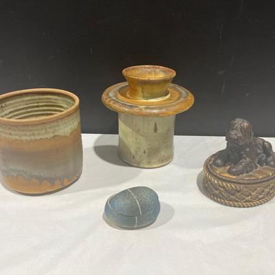 Handmade Stoneware Pottery French Butter Keeper, Lucky Dog Trinket Box +