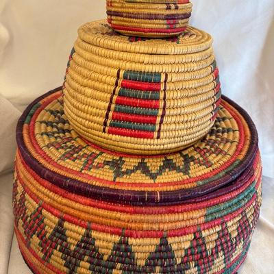 Three Handcrafted Woven Aftican Style Baskets