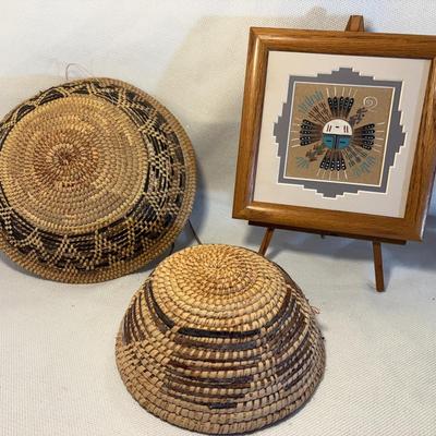 Navajo Sand Painting, Two Handcrafted Native American Style Baskets 