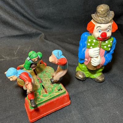 2 Coin Banks - Cast Iron Footballer And Ceramic Clown