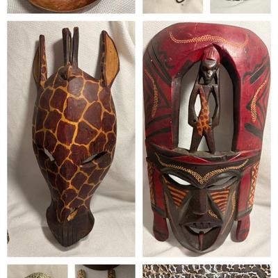 Two Hand Carved African Masks, Wooden Box, Lanterns 