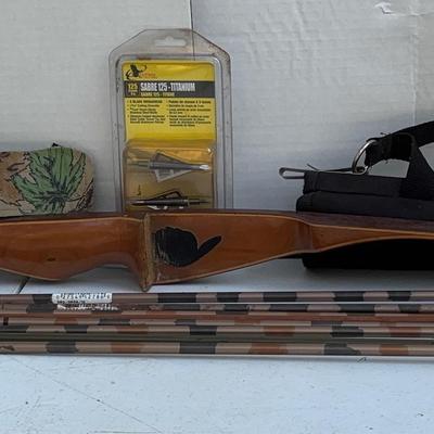 Decurve Bow With Quiver Of Arrows, Arm Guard, And Arrowheads