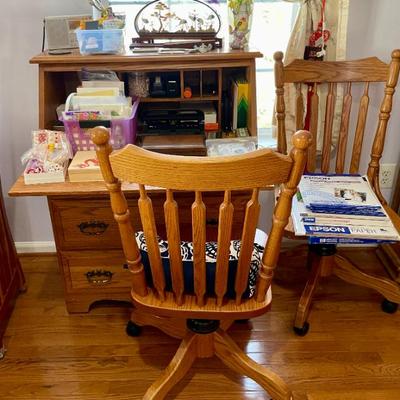 Oak secretary desk with two matching  desk chairs