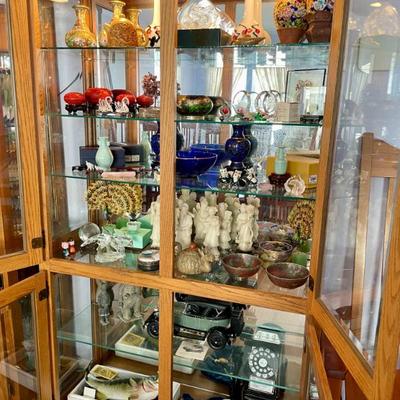Lovely display of Peking glass, soapstone, cinnabar, cloisonne and other treasures