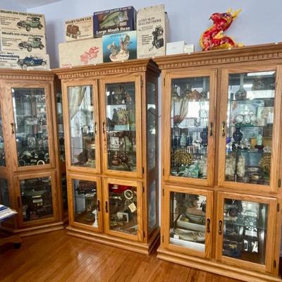 Three of six Walnut Creek Furniture lighted and mirrored display cabinets