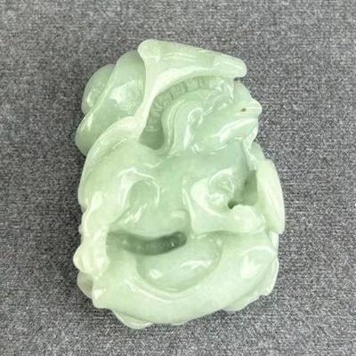 Chinese Celadon Jadeite Foo Dog Carving W/ Token Back