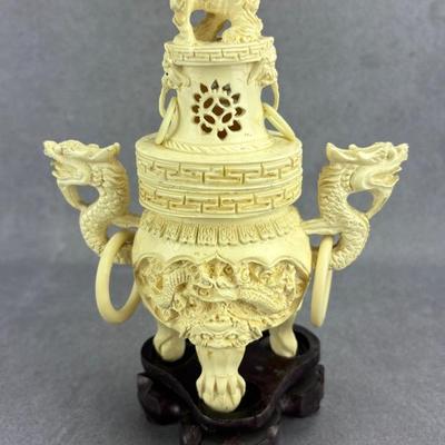Chinese Ivory-Like Carved Dragon Censor