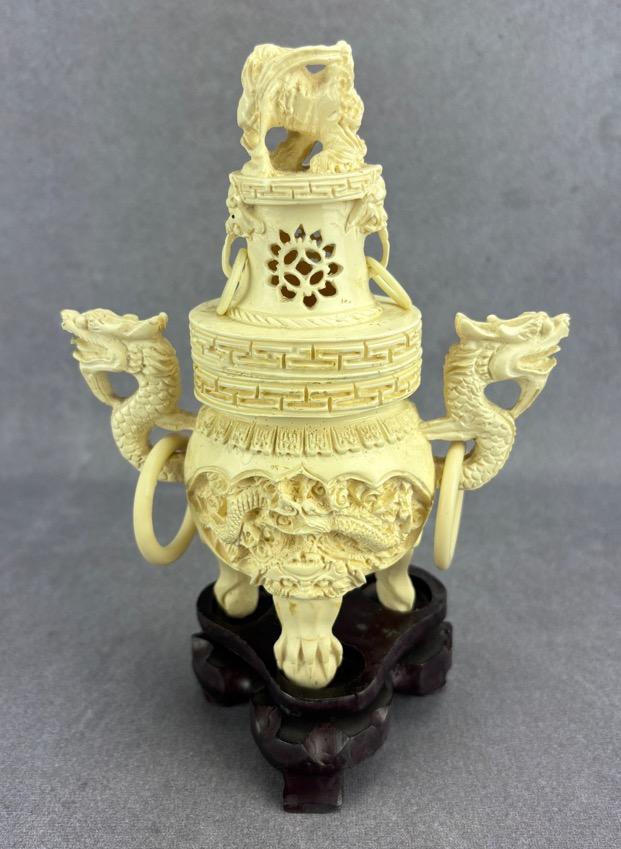 Chinese Ivory-Like Carved Dragon Censor