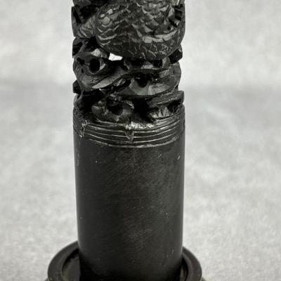 East Asian Round Carved Black Soapstone Dragon Seal W/ Stand