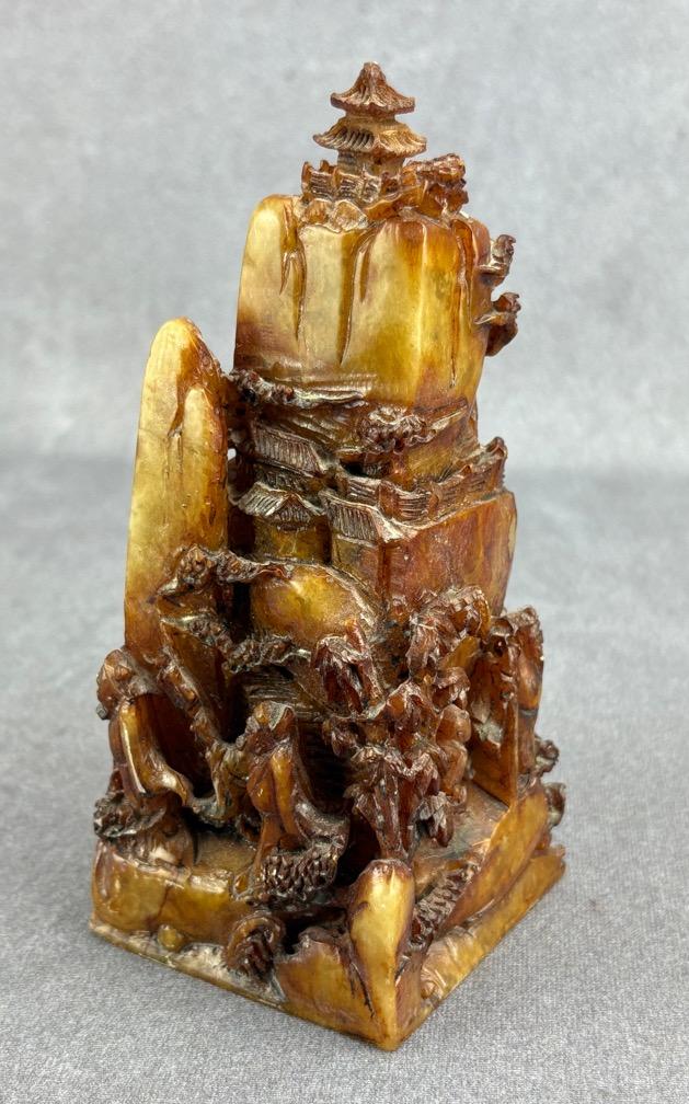 Large East Asian Heavily Carved Shoushan Mountainscape Seal