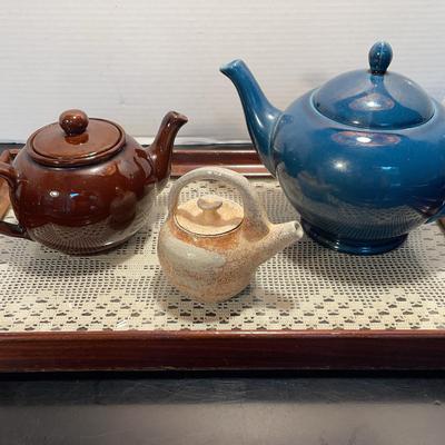 Trio of Assorted Sized Colorful Teapots & Wooden Tray 