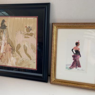 Pair Of Framed Matted & Signed Prints Of Ladies In Dresses