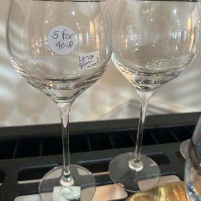 Sale Photo Thumbnail #291: Set of five silver rimmed wine goblets by Lenox. $40 for the set. 