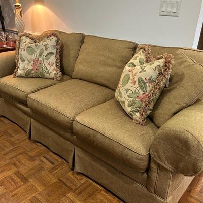Sale Photo Thumbnail #5: Pair of custom upholstered and skirted sofas by Taylor King. In great condition! $625 each. 