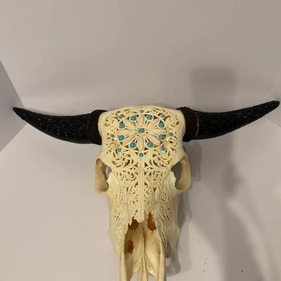 Carved Decorative Buffalo Skull with Inlaid Stones