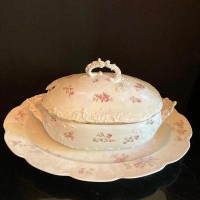 Vintage Rose Pattern Lidded Soup Tureen and Platter