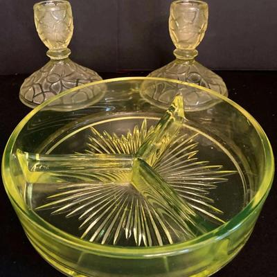 Vintage Yellow-Green Glass Divided Dish & Pair of Candlesticks – Possibly Uranium Glass