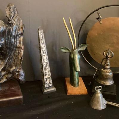 Lot of 6 Global Décor & Collectible Sculptures – Obelisk, Antelope, Gong, Bells & Driftwood