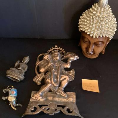 Lot of Asian Spiritual & Decorative Figures – Buddha, Hanuman, and Cloisonné Elephant