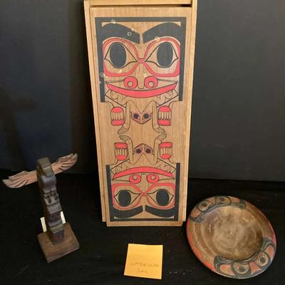 Handcrafted Northwest Coast Native-Style Wooden Totem, Box & Bowl (3pc Lot)