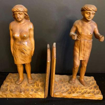 Vintage Hand-Carved Wooden Man & Woman Figurine Bookends