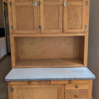 Antique Oak Hoosier-Style Kitchen Cabinet with Enamel Top