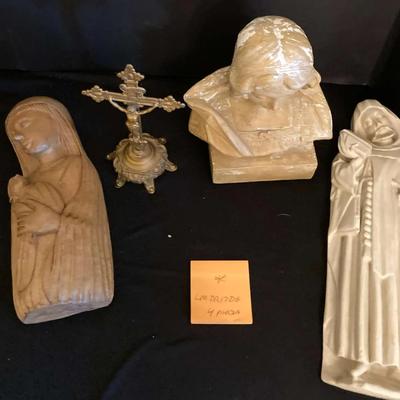 Lot of 4 Religious Figures – Bust, Statue, Cross & Carving
