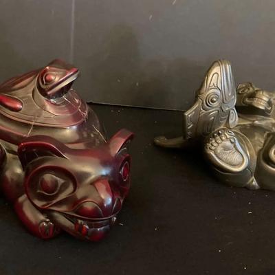 Pair of Boma Canada Indigenous-Style Animal Sculptures – Bear with Frog Lid & Orca