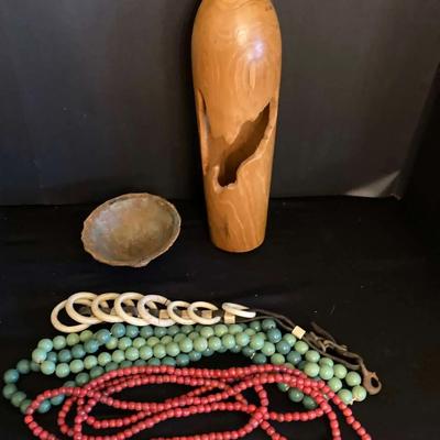 Mixed Lot – Wooden Bottle Form, Small Metal Dish, Beaded Necklaces & Decorative Chain