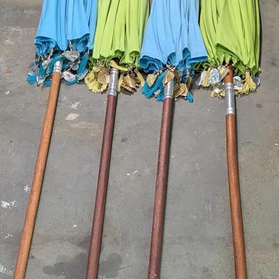 Set of 4 Decorative Balinese-Style Parasols – Green & Blue with Tassels and Charms