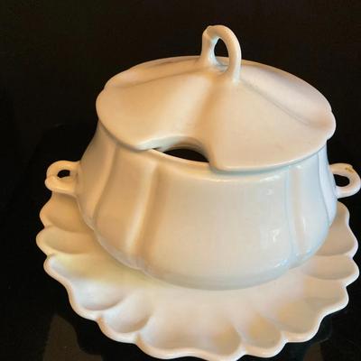 Antique White Porcelain Soup Tureen with Lid and 2 Matching Platters