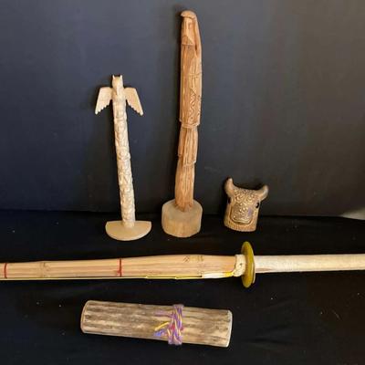 Assorted Tribal & Cultural Decor – 5 Pieces (Carved Totem, Bamboo Sword, Bull Head, Rattle, & Carved