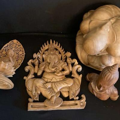 Lot of 4 Hand-Carved Wooden Figures – Hindu & Buddhist Decorative Statues