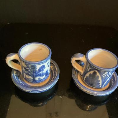 Pair of Domingo Punter Hand-Painted Ceramic Cups with Saucers – Teruel, Spain