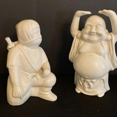 Pair of White Ceramic Figurines – Ninja & Laughing Buddha