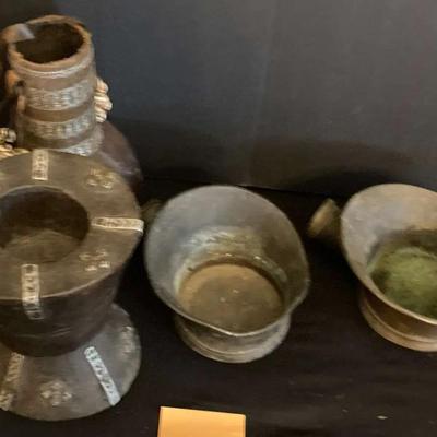 Lot of African Tribal Artifacts – Carved Wood, Beaded Gourd Vessel & Metal Ritual Bowls