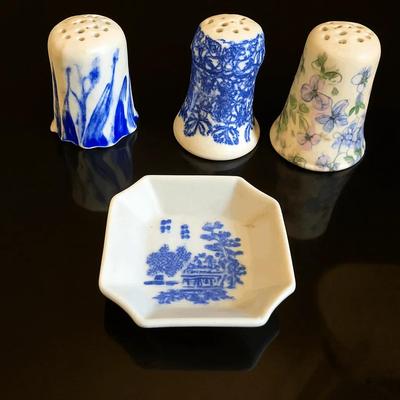 Vintage Ceramic Salt & Pepper Shakers with Mini Dish – 4 Pieces