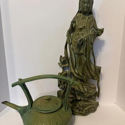 Asian Statue and Ceramic Teapot Set
