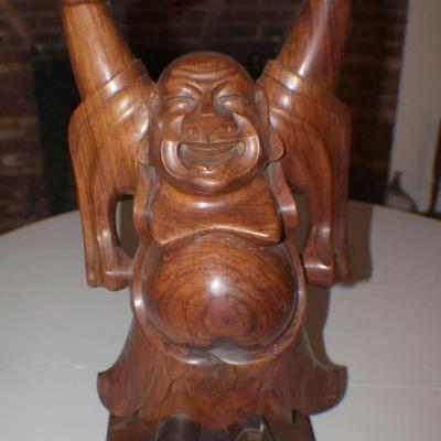 Hand-Carved Wood Laughing Buddha Statue