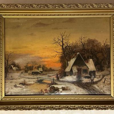 Cabin in the Snow by a Creek Antique Oil Painting
