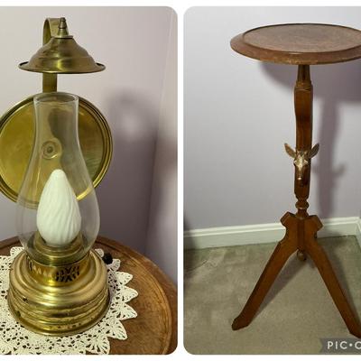 Eastlake Carved Deer Pedestal Table & Electric Oil Style Table Lamp