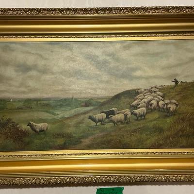 Antique Pastural Sheepherding Oil Painting Ornate Frame