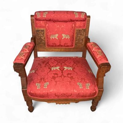 Ornate Wood Framed Tiger Themed Upholstered Chair 