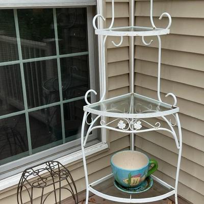 Wrought Iron & Glass Corner Shelf, Plant Stand, Ceramic Planter