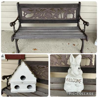 Child Size Iron & Wood Dinosaur Bench, Birdhouse, Bunny
