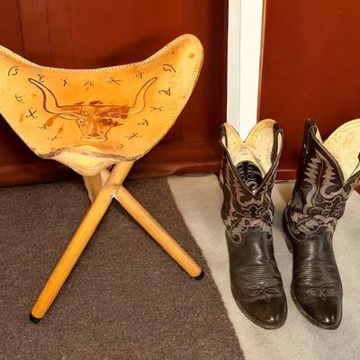Men’s Cowboy Boots & Tripod Stool