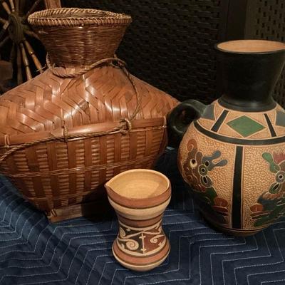 Thai Fishing Basket, Mexican Vase, Panamanian Spouted Cup