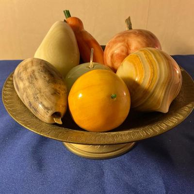 Ornate Brass Bowl With Alabaster Fruit And Veggies 