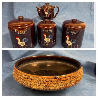 Brown rooster sugar flour, coffee and pot and pedestal bowl