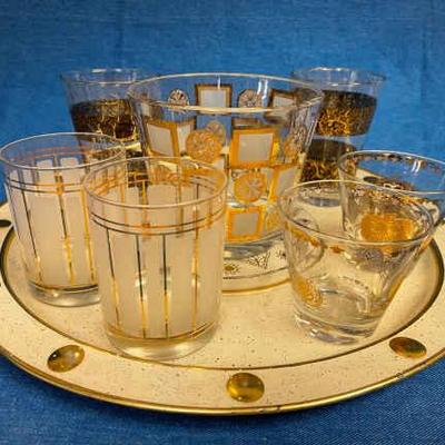 Mid century bar assorted glassware and tray
